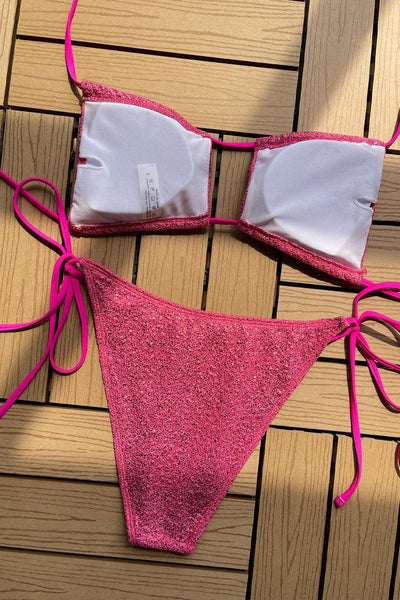 Pink Glitter Square Top Strappy Bottoms 2 Pc Swimsuit - AMIClubwear