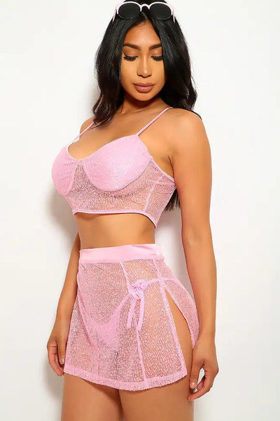 Pink Glittery Mesh 3 Piece Swimsuit Set - AMIClubwear