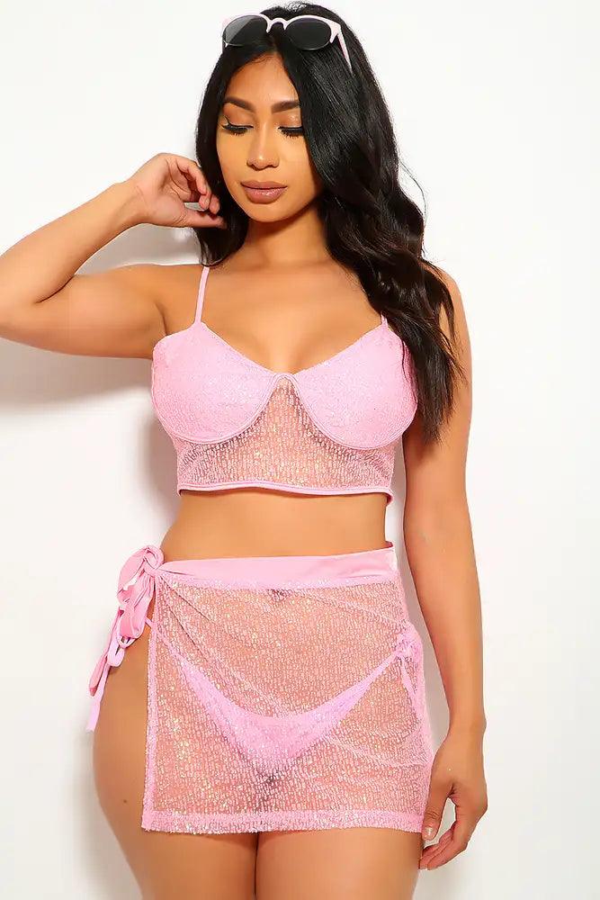 Pink Glittery Mesh 3 Piece Swimsuit Set - AMIClubwear