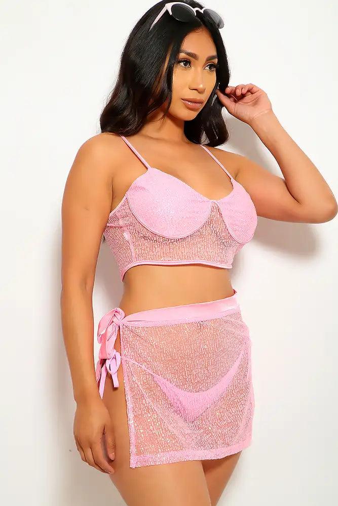 Pink Glittery Mesh 3 Piece Swimsuit Set - AMIClubwear