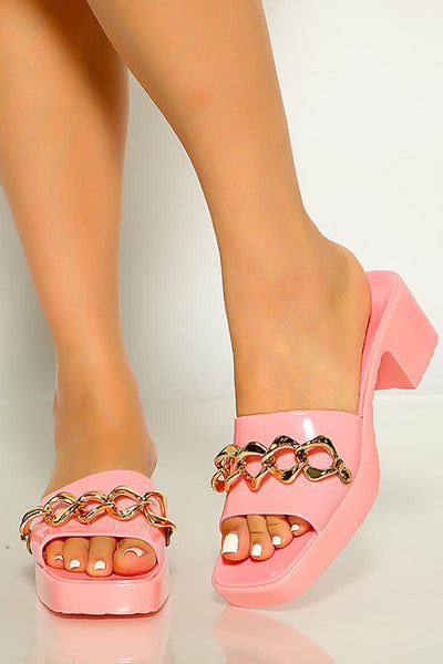 Pink Gold Chain Accent Slip On Chunky Heel Sandals - AMIClubwear