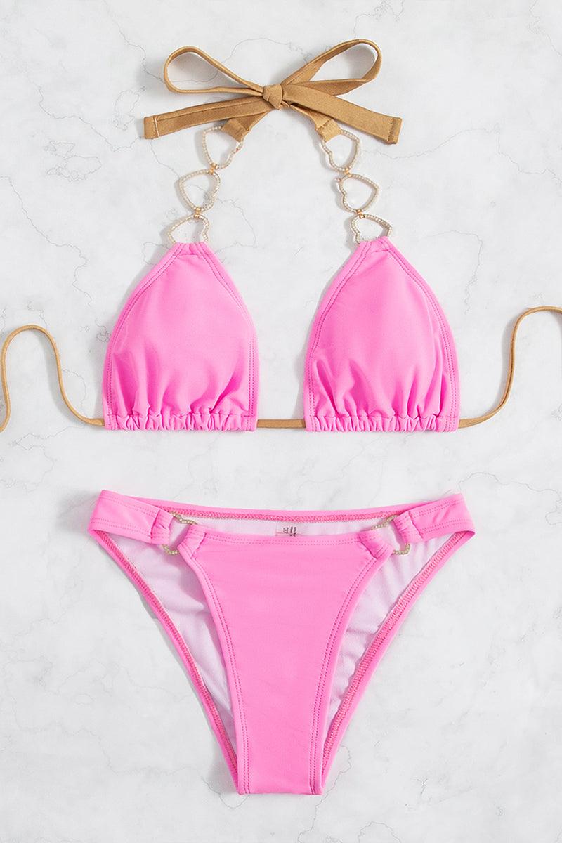 Pink Gold Rhinestone Hearts Sexy Two Piece Swimsuit - AMIClubwear