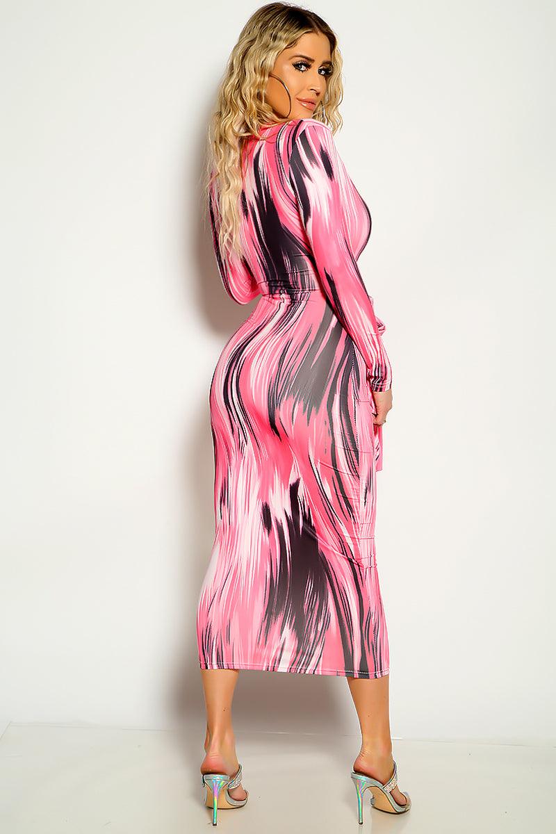 Pink Graphic Print Long Sleeves Sexy Maxi Dress - AMIClubwear