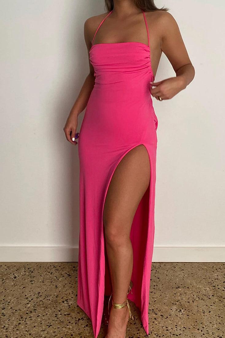Pink Halter Open Slit Maxi Party Dress - AMIClubwear