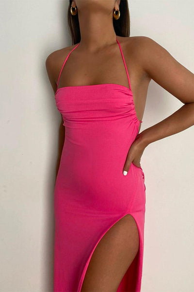 Pink Halter Open Slit Maxi Party Dress - AMIClubwear