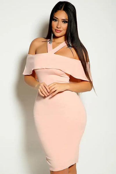 Pink Halter Ruffled Off The Shoulder Party Dress - AMIClubwear