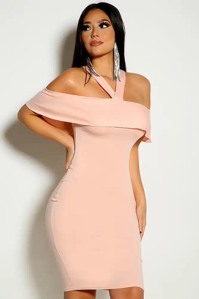 Pink Halter Ruffled Off The Shoulder Party Dress - AMIClubwear