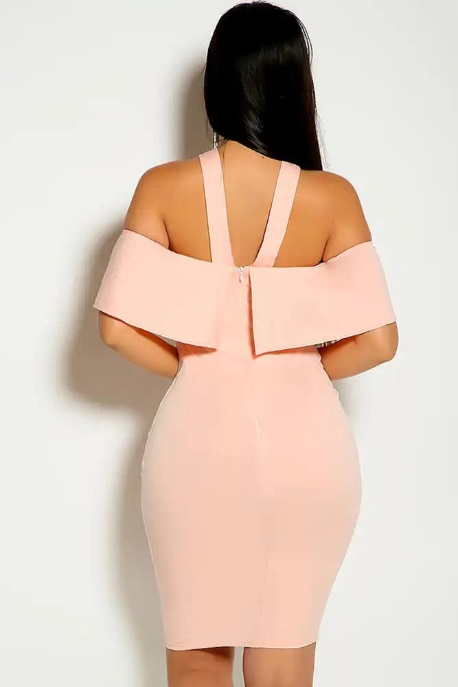 Pink Halter Ruffled Off The Shoulder Party Dress - AMIClubwear