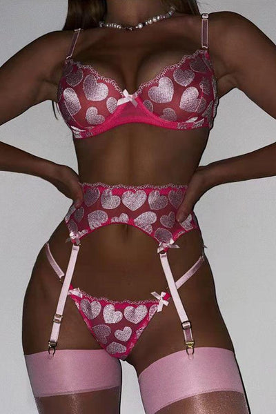 Pink Heart Pattern Ribbon Bow Sexy Lingerie Set - AMIClubwear