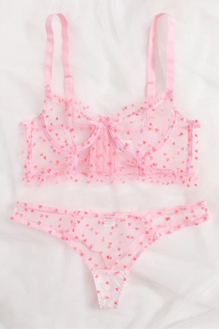 Pink Heart Pattern See Through Ruffle Sexy 2 Pc Lingerie Set