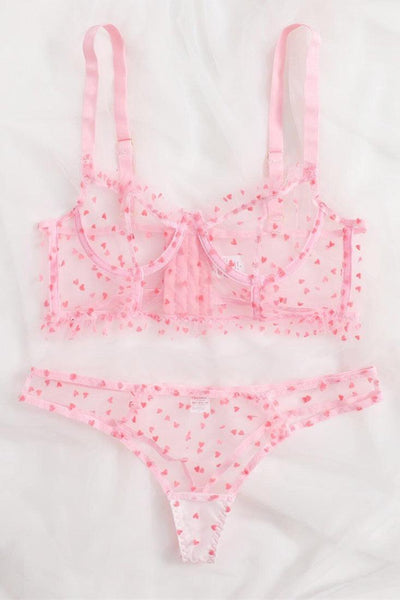 Pink Heart Pattern See Through Ruffle Sexy 2 Pc Lingerie Set - AMIClubwear
