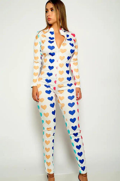 Pink Heart Print Long Sleeve Jumpsuit - AMIClubwear