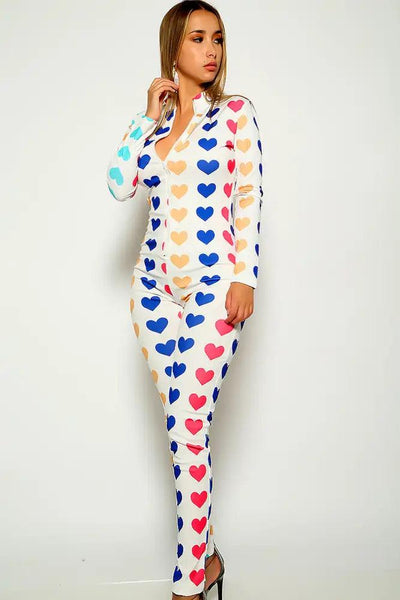 Pink Heart Print Long Sleeve Jumpsuit - AMIClubwear