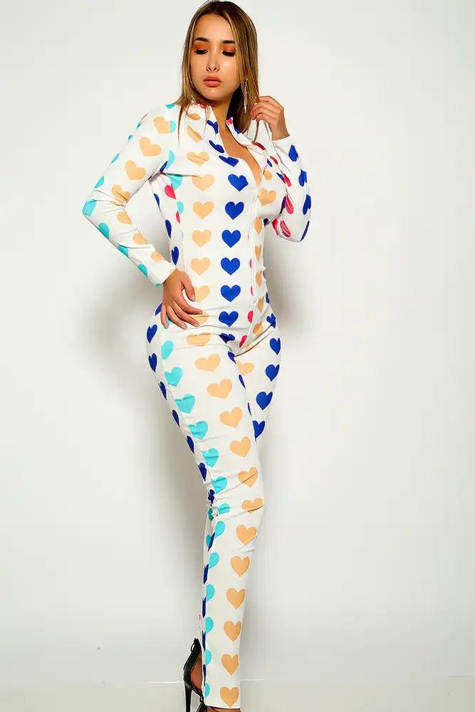 Pink Heart Print Long Sleeve Jumpsuit - AMIClubwear