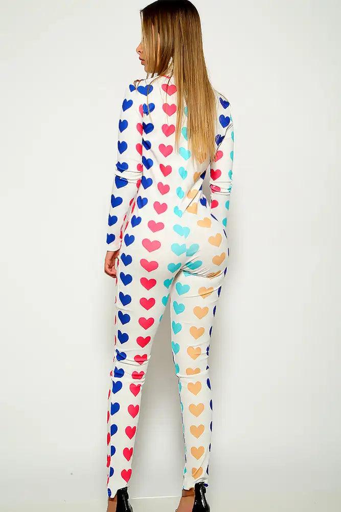 Pink Heart Print Long Sleeve Jumpsuit - AMIClubwear