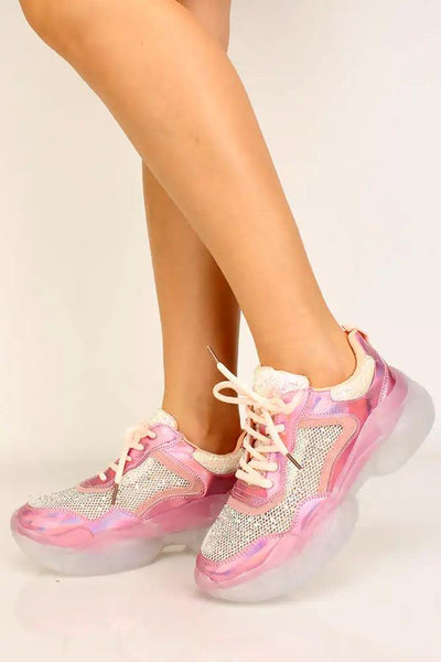 Pink Iridescent Netted Rhinestone Sneakers - AMIClubwear