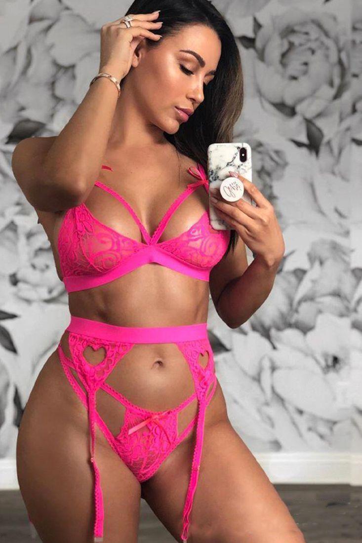 Pink Lace Bra Garter Pantie Lingerie Set - AMIClubwear