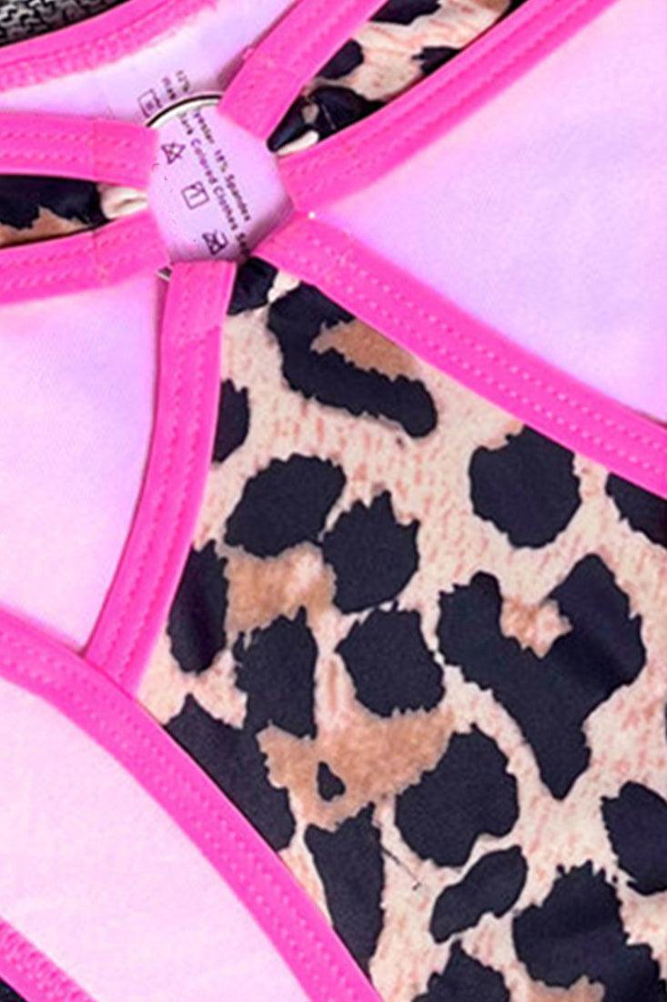 Pink Leopard Cut Out Strappy 2 Pc Bikini Set - AMIClubwear