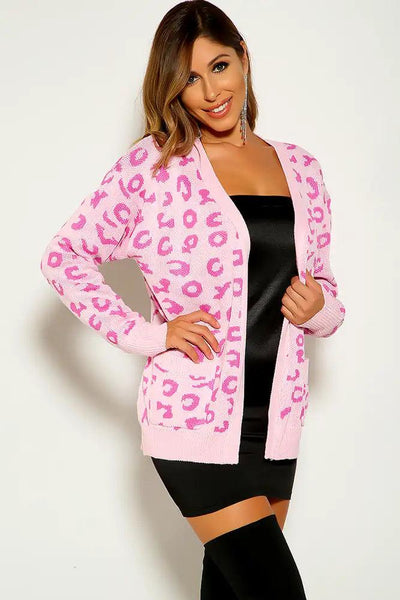 Pink Leopard Print Knitted Cardigan - AMIClubwear