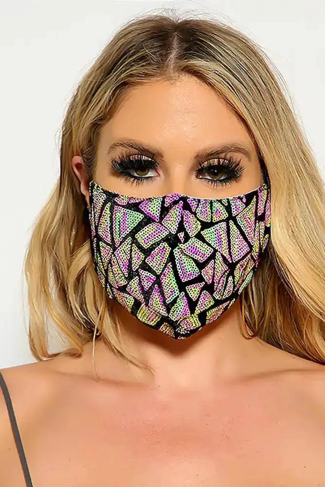Pink Lime Two Tone Sequin Geometric Print Fashion Mask