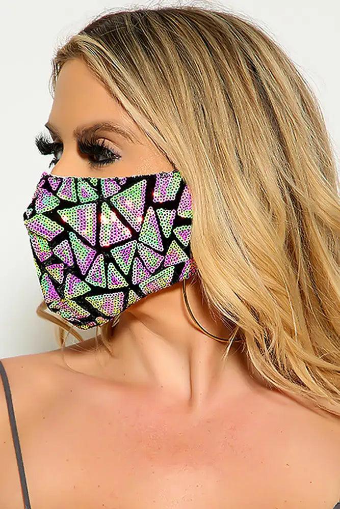 Pink Lime Two Tone Sequin Geometric Print Fashion Mask - AMIClubwear