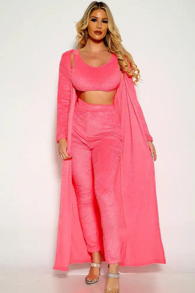Pink Long Sleeve Cardigan Cropped Three Piece outfit - AMIClubwear