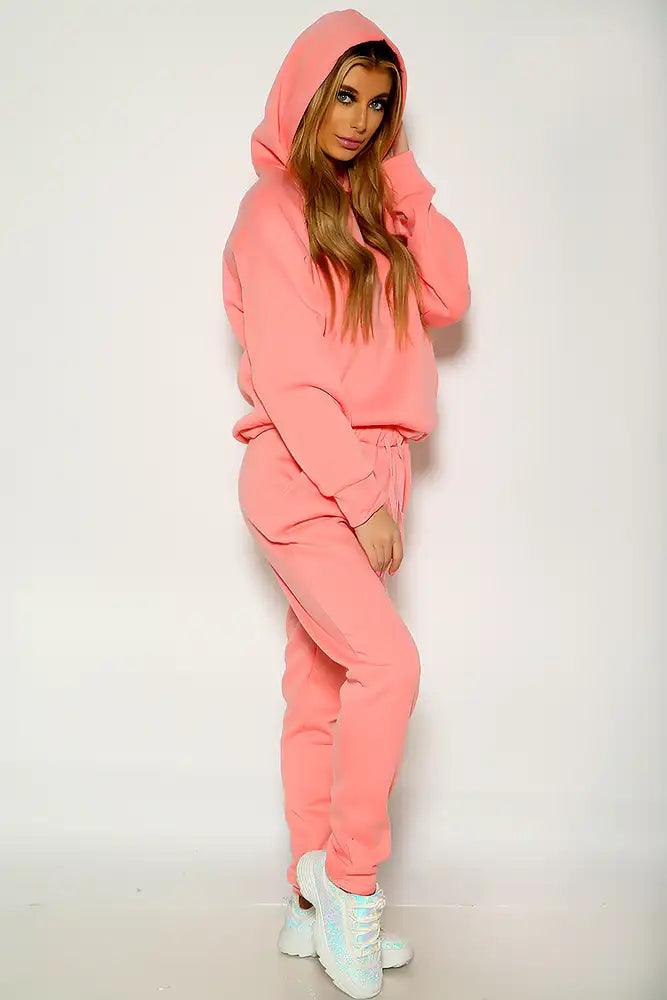 Pink Long Sleeve Cozy Hooded Lounge Wear Two Piece Outfit - AMIClubwear