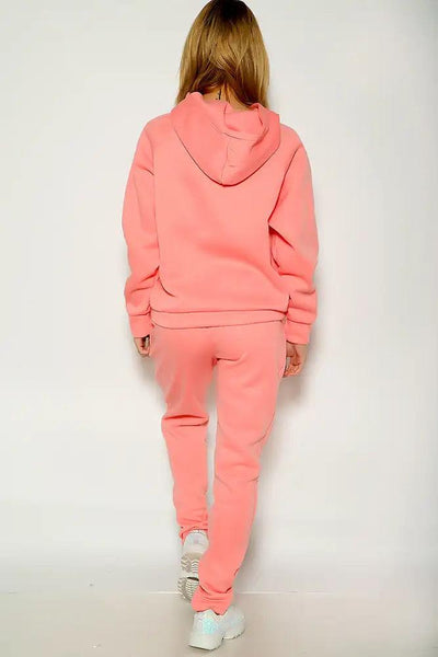 Pink Long Sleeve Cozy Hooded Lounge Wear Two Piece Outfit - AMIClubwear