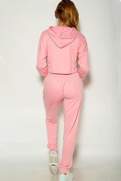 Pink Long Sleeve Cozy Hooded Two Piece Lounge Wear - AMIClubwear