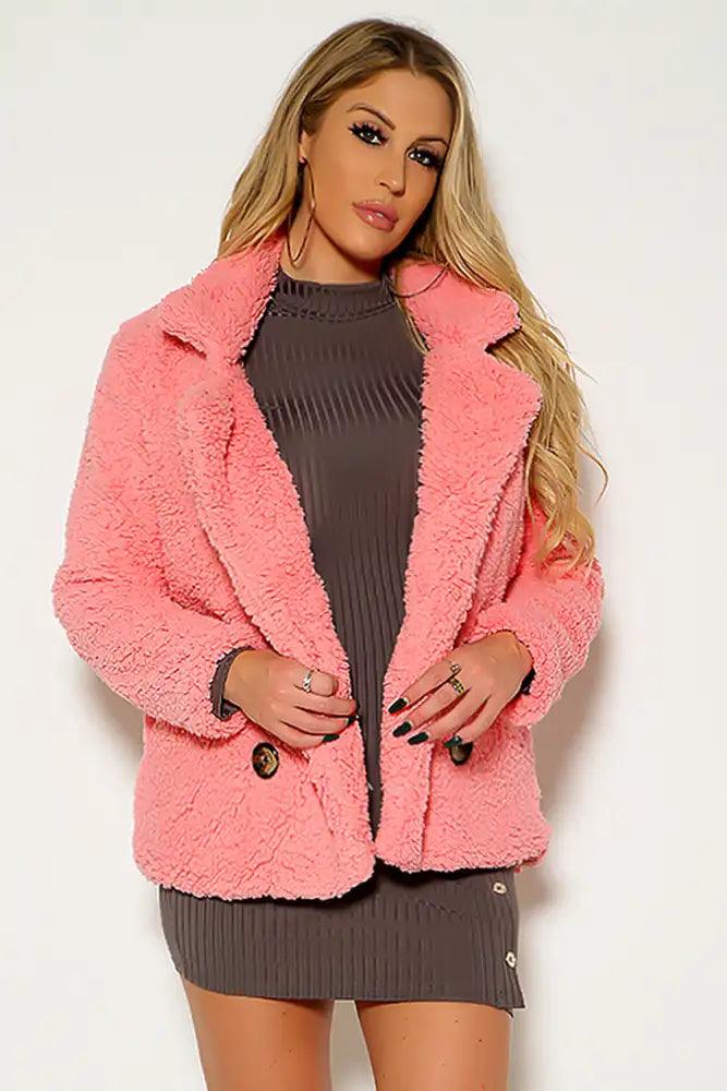 Pink Long Sleeve Cozy Sherpa Coat - AMIClubwear