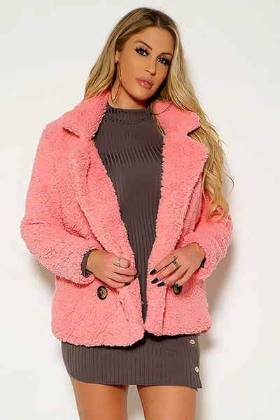 Pink Long Sleeve Cozy Sherpa Coat - AMIClubwear