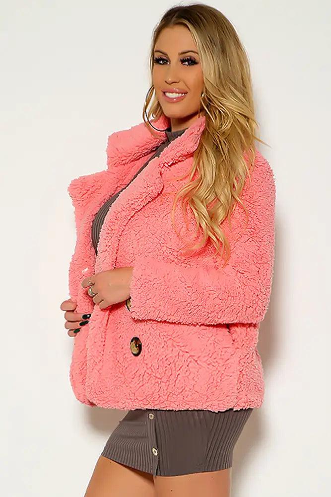 Pink Long Sleeve Cozy Sherpa Coat - AMIClubwear