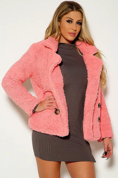 Pink Long Sleeve Cozy Sherpa Coat - AMIClubwear