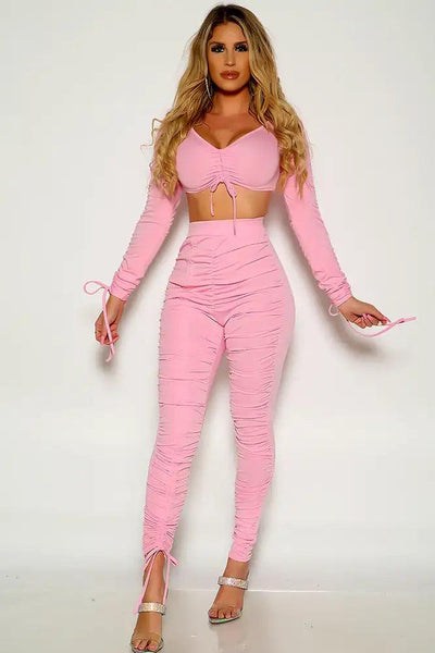 Pink Long Sleeve Cropped Ruched Two Piece Outfit - AMIClubwear