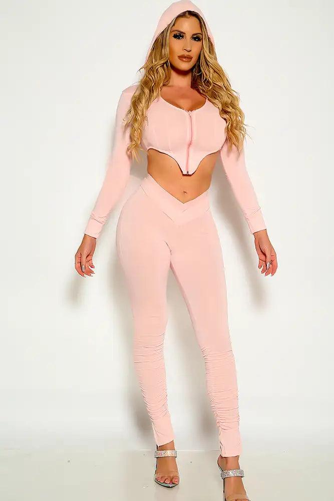 Pink Long Sleeve Cropped Stitched detail Hooded Two Piece Outfit - AMIClubwear