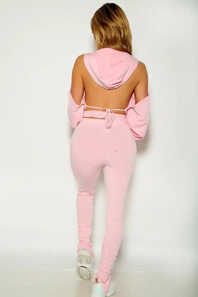 Pink Long Sleeve Cut Out Open Back Two Piece Outfit - AMIClubwear