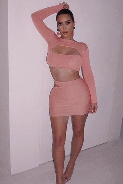 Pink Long Sleeve Cut Out Two Piece Dress - AMIClubwear