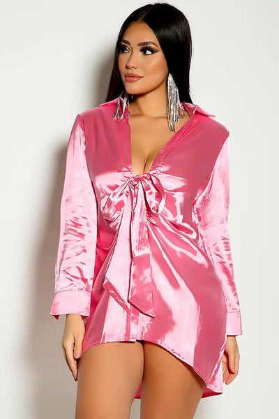 Pink Long Sleeve Faux Satin Button Up Tie Detail Shirt Dress - AMIClubwear