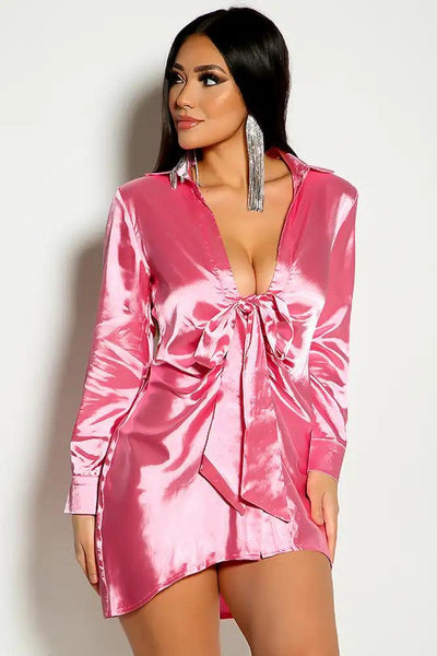 Pink Long Sleeve Faux Satin Button Up Tie Detail Shirt Dress - AMIClubwear