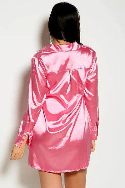 Pink Long Sleeve Faux Satin Button Up Tie Detail Shirt Dress - AMIClubwear