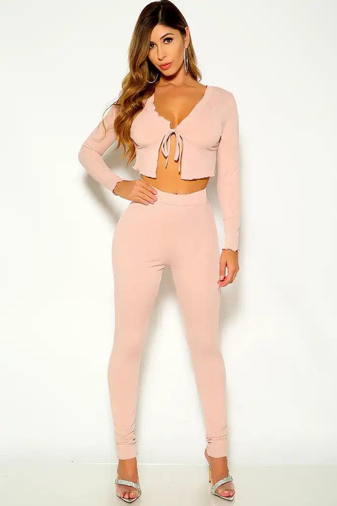 Pink Long Sleeve Front Tie Two Piece Outfit - AMIClubwear