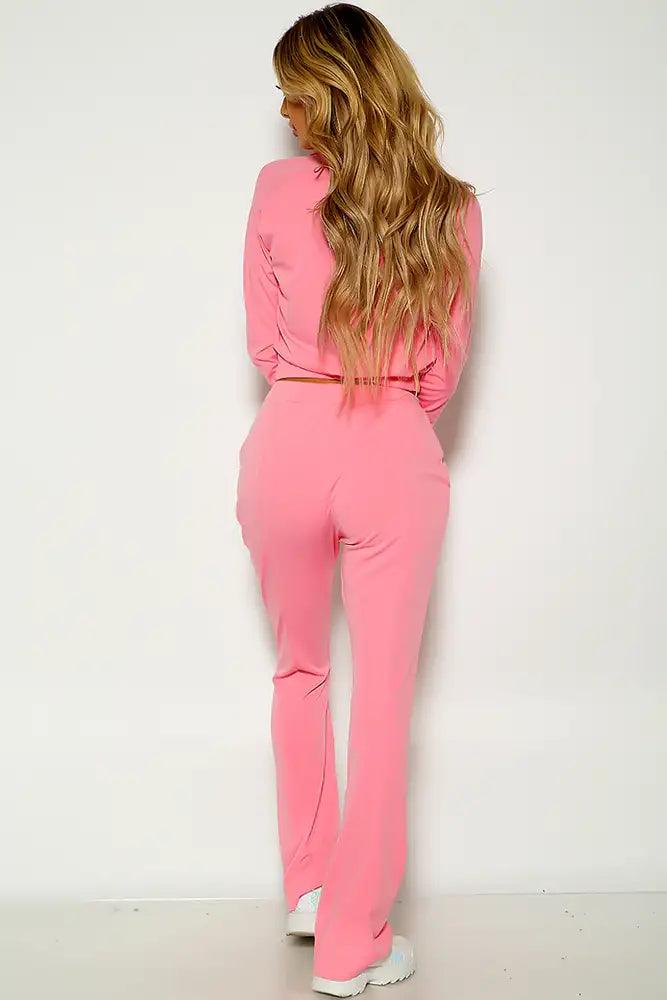 Pink Long Sleeve Front Zipper Closure Two Piece Lounge Outfit - AMIClubwear