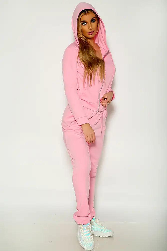 Pink Long Sleeve Front Zipper Two Piece Lounge Wear Outfit - AMIClubwear