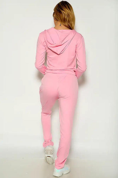 Pink Long Sleeve Front Zipper Two Piece Lounge Wear Outfit - AMIClubwear