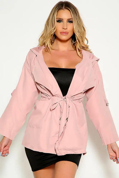 Pink Long Sleeve Hooded Collared Front Tie Coat - AMIClubwear