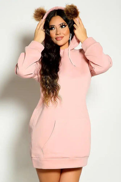 Pink Long Sleeve Hooded Faux Fur Detail Sweater Dress - AMIClubwear