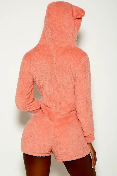 Pink Long Sleeve Hooded Faux Fur Romper - AMIClubwear