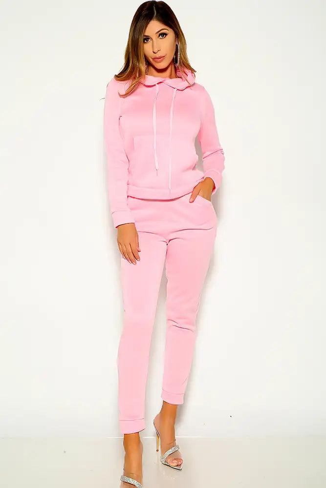 Pink Long Sleeve Hooded Two Piece Lounge Outfit - AMIClubwear