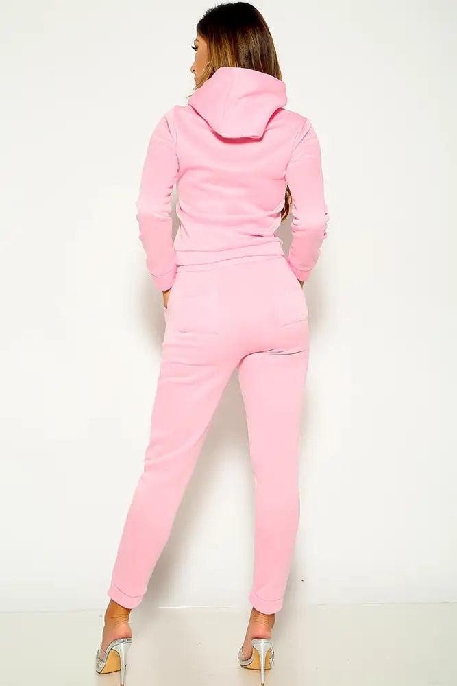 Pink Long Sleeve Hooded Two Piece Lounge Outfit - AMIClubwear