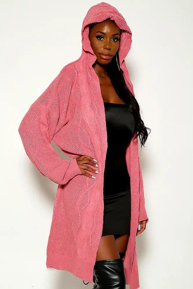 Pink Long Sleeve Knitted Hooded Open Fron Cardigan - AMIClubwear